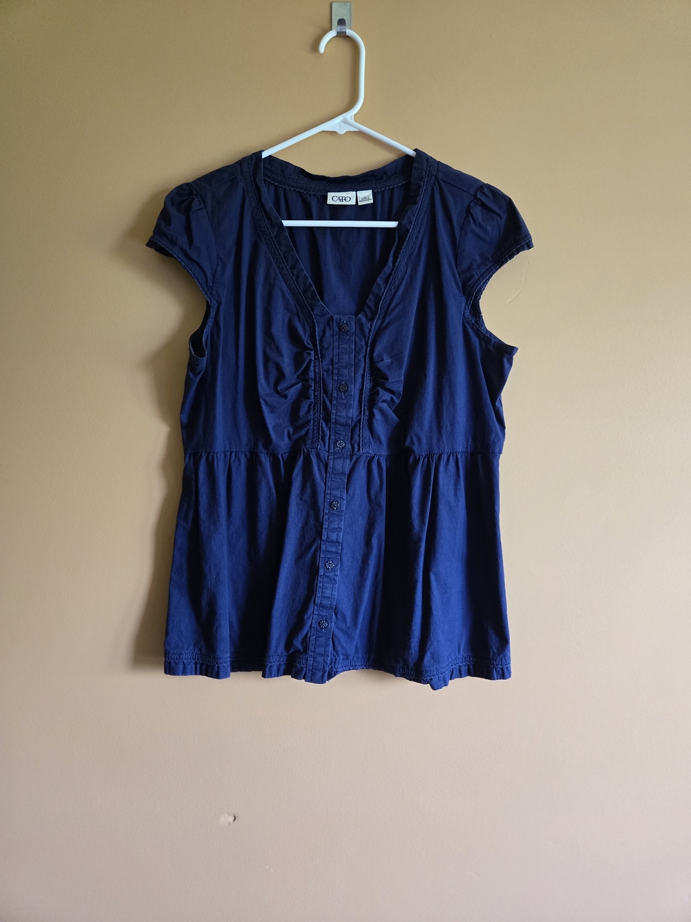 Cato Navy Button-Front Cap-Sleeve Top PTP=19.5"